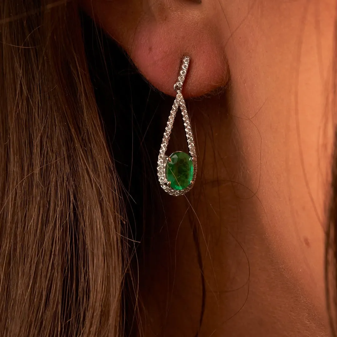 Oval Emerald and Diamond Tear Drop Dangle Earrings