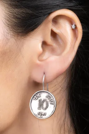 Oxidized Silver Indian 10 Paise Coin Circular Lightweight Earrings - Vintage Charm and Unique Design