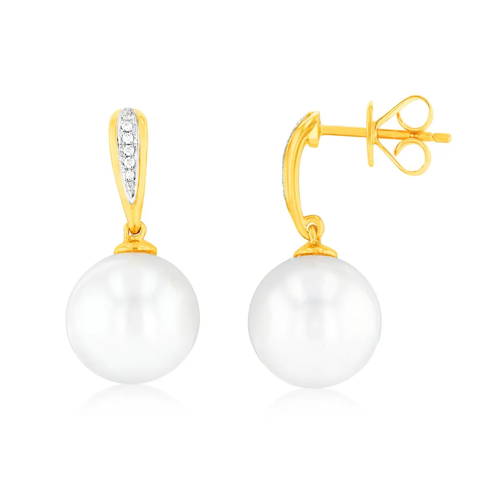 Pacific' 9ct Yellow Gold White South Sea Pearl & Diamond Drop Earrings