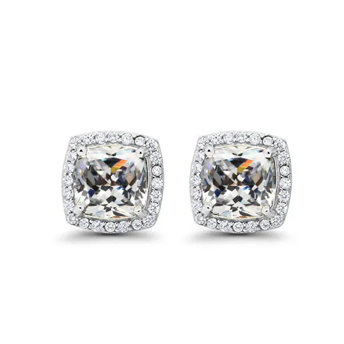 Paris Jewelry 18k White Gold 1 Carat Created Halo Princess Sapphire Birthstone Stud Earrings All Colors Plated