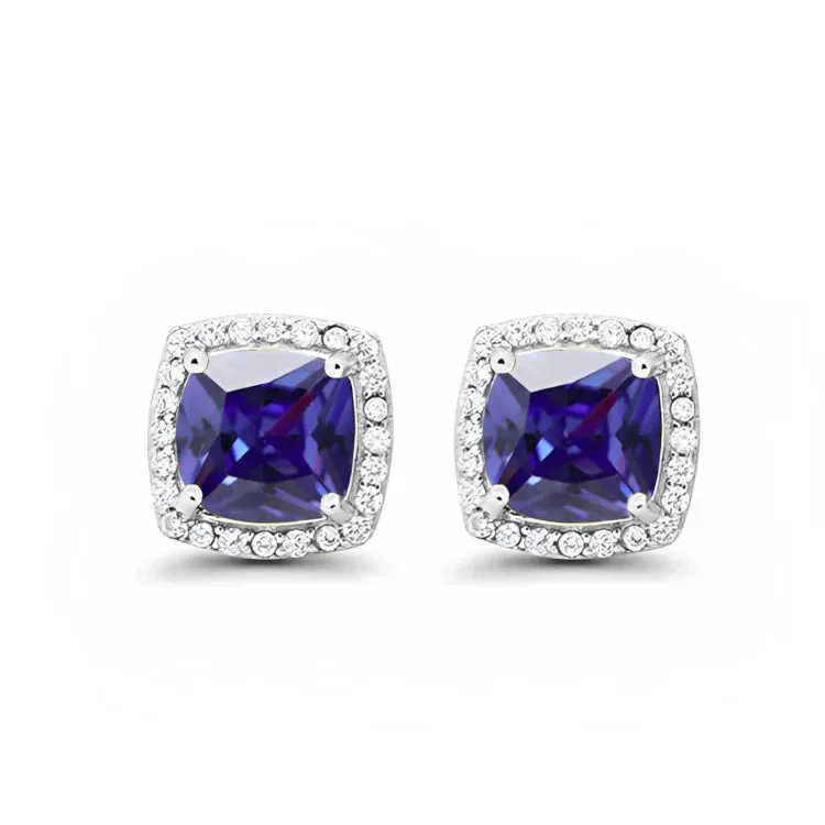 Paris Jewelry 18k White Gold 1 Carat Created Halo Princess Sapphire Birthstone Stud Earrings All Colors Plated