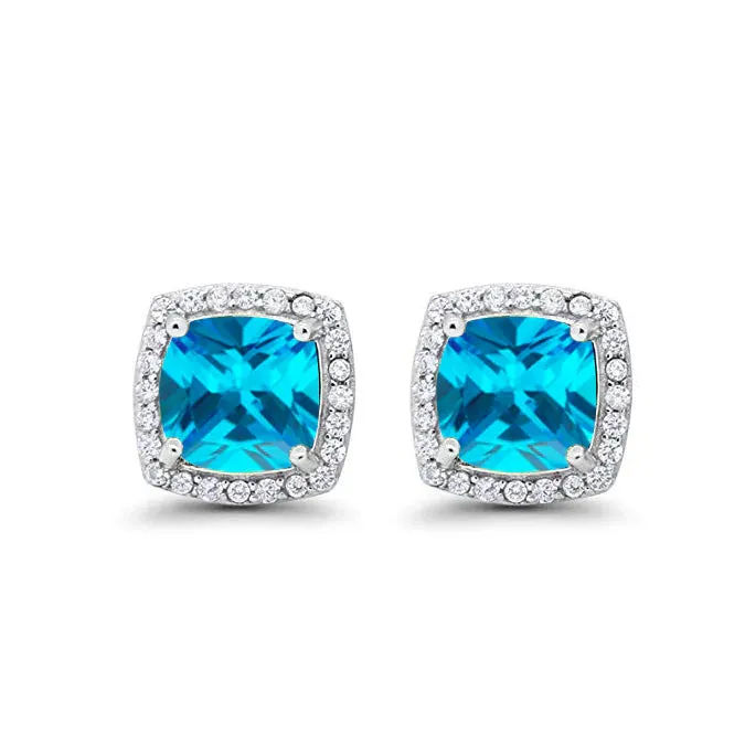 Paris Jewelry 18k White Gold 1 Carat Created Halo Princess Sapphire Birthstone Stud Earrings All Colors Plated