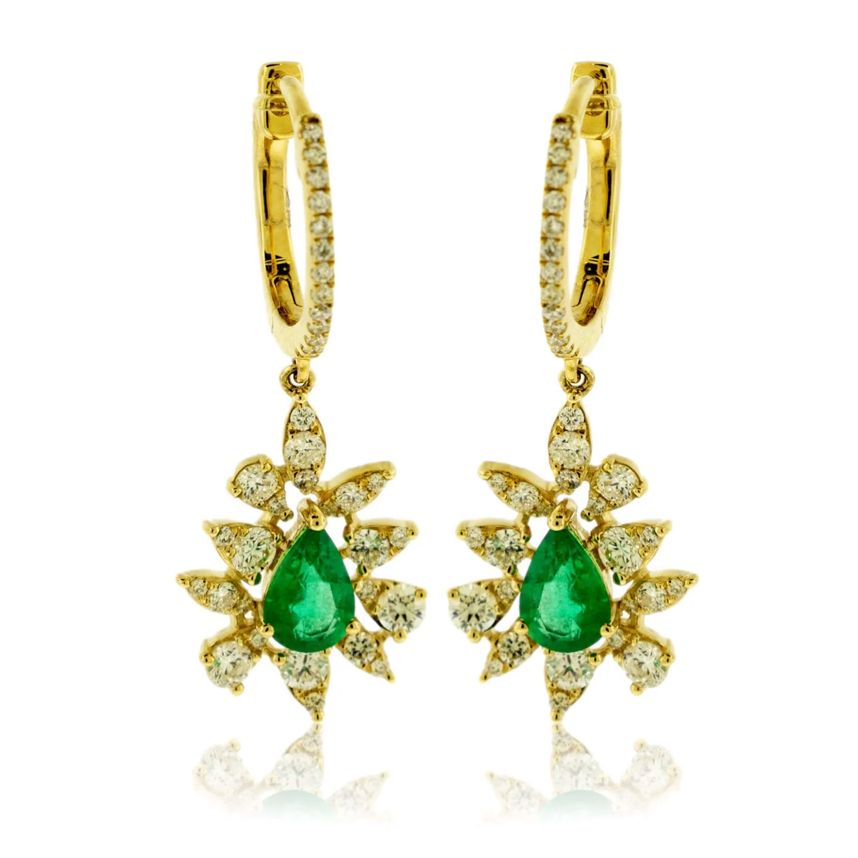 Pear Emerald and Diamond Classic Style Halo Dangle Earrings