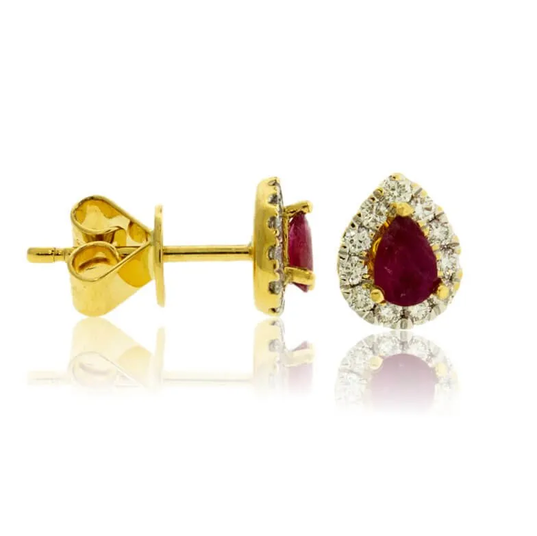 Pear Red Emerald and Diamond Halo Stud Earrings