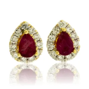 Pear Red Emerald and Diamond Halo Stud Earrings