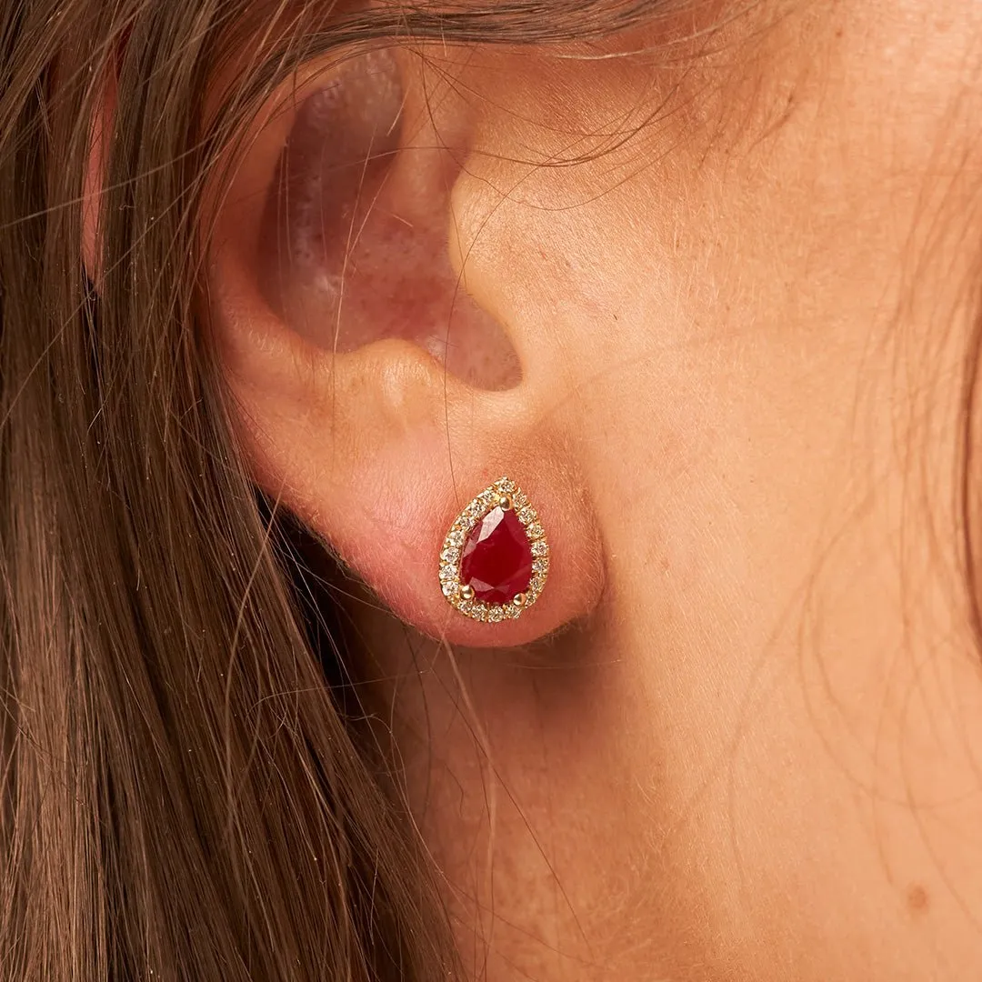 Pear Red Emerald and Diamond Halo Stud Earrings