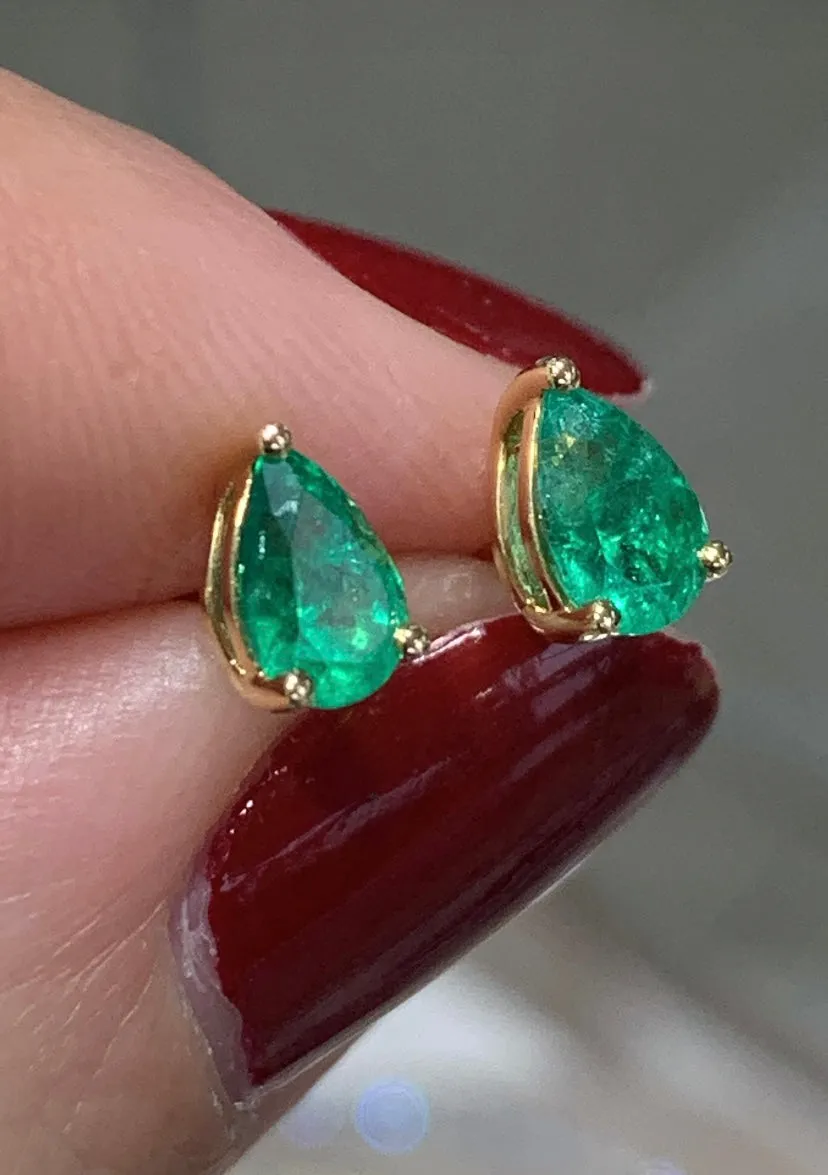 Pear Shape Green Emerald Stud Earrings