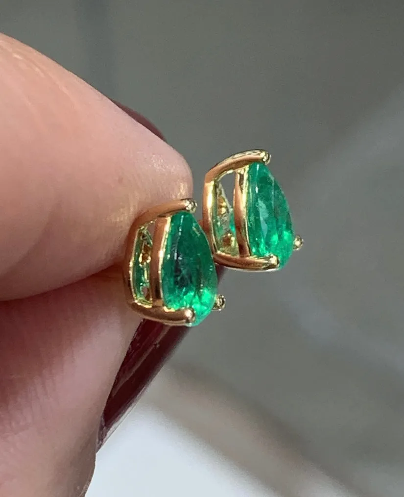 Pear Shape Green Emerald Stud Earrings