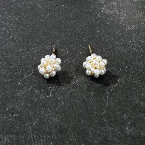 Pearl Pom Pom Gold Stud Earrings