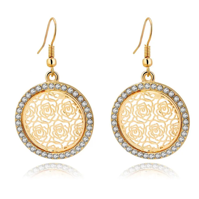 Pendientes Vintage Big Round Flower Gold Silver Statement Drop Earrings For Women Crystal Wedding Earrings Brincos