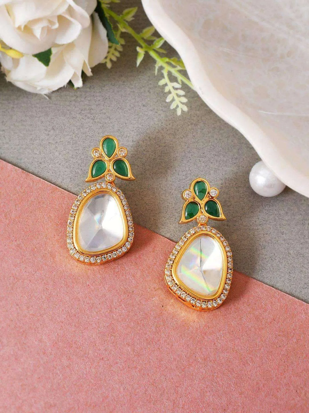 Polki Stone Earring Dark Green