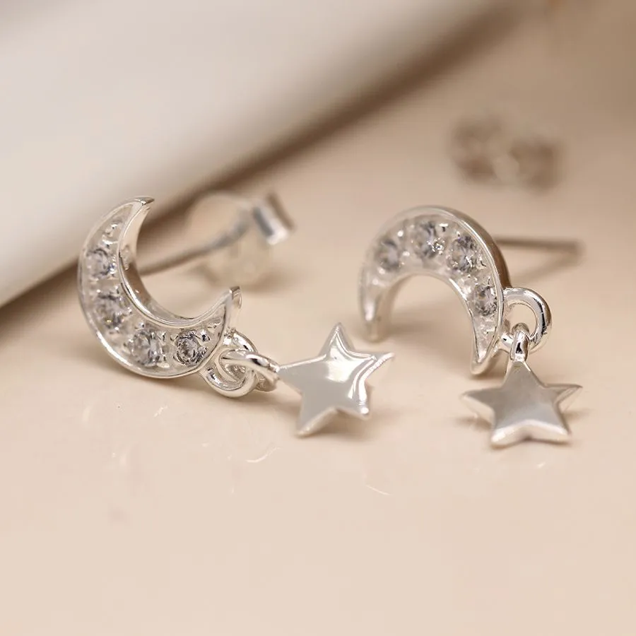 POM Sterling silver crystal moon and star drop earrings