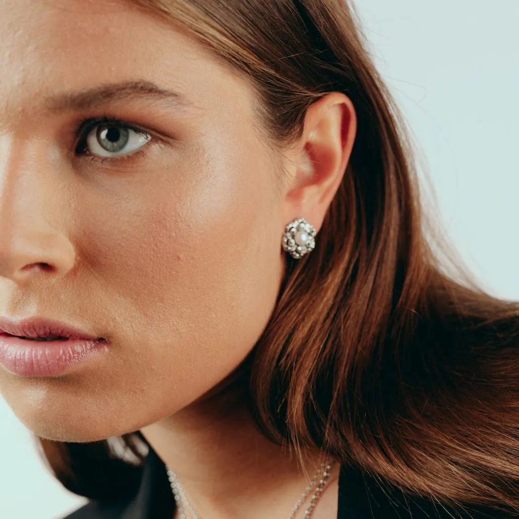 Portugal Jewels - Earrings Flower with Marcasites and Pearl in Silver