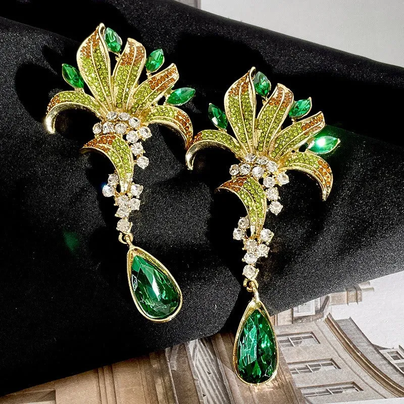 Pre Order:  Crystal Green Leaves Water Drop Earrings