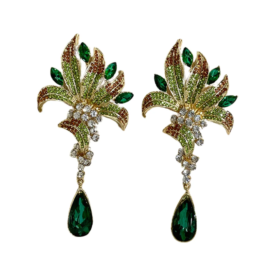 Pre Order:  Crystal Green Leaves Water Drop Earrings