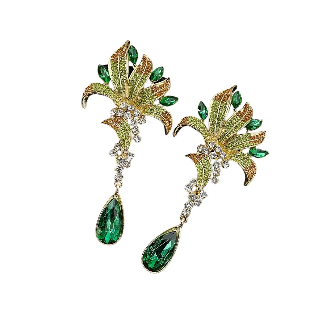 Pre Order:  Crystal Green Leaves Water Drop Earrings