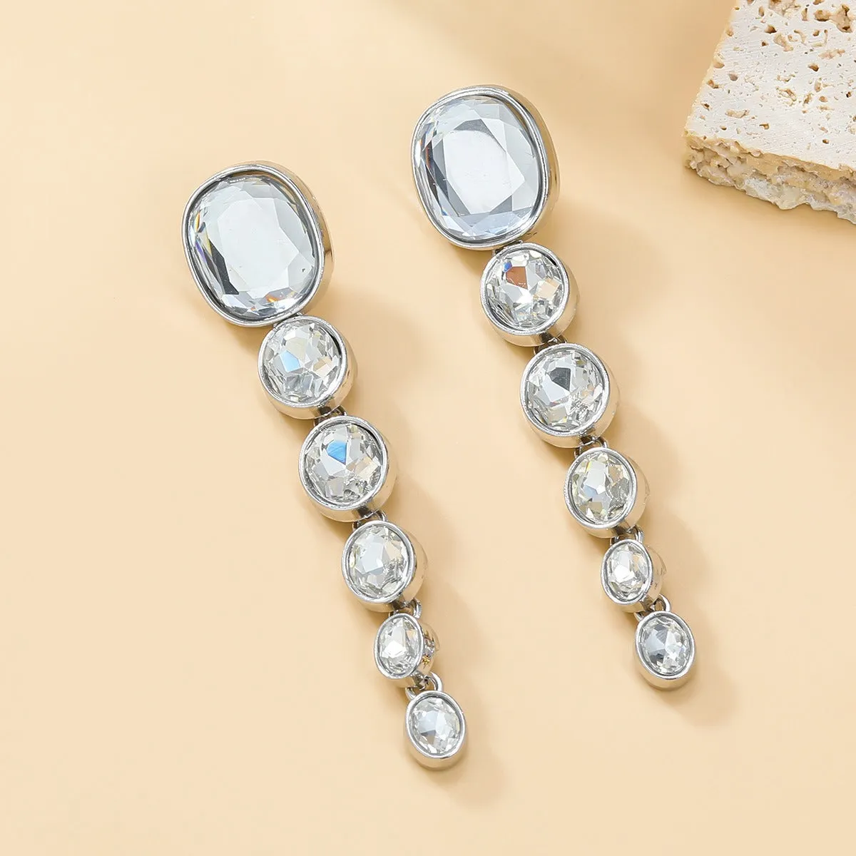 Pre Order:  Multi layered Oval Water Diamond Long Earrings