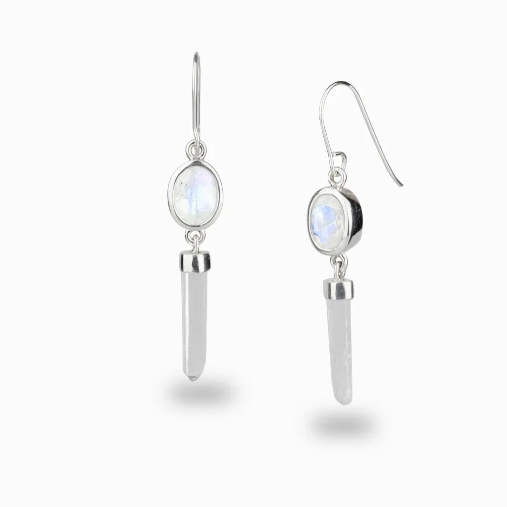 Rainbow Moonstone & Clear Quartz Drop Earrings