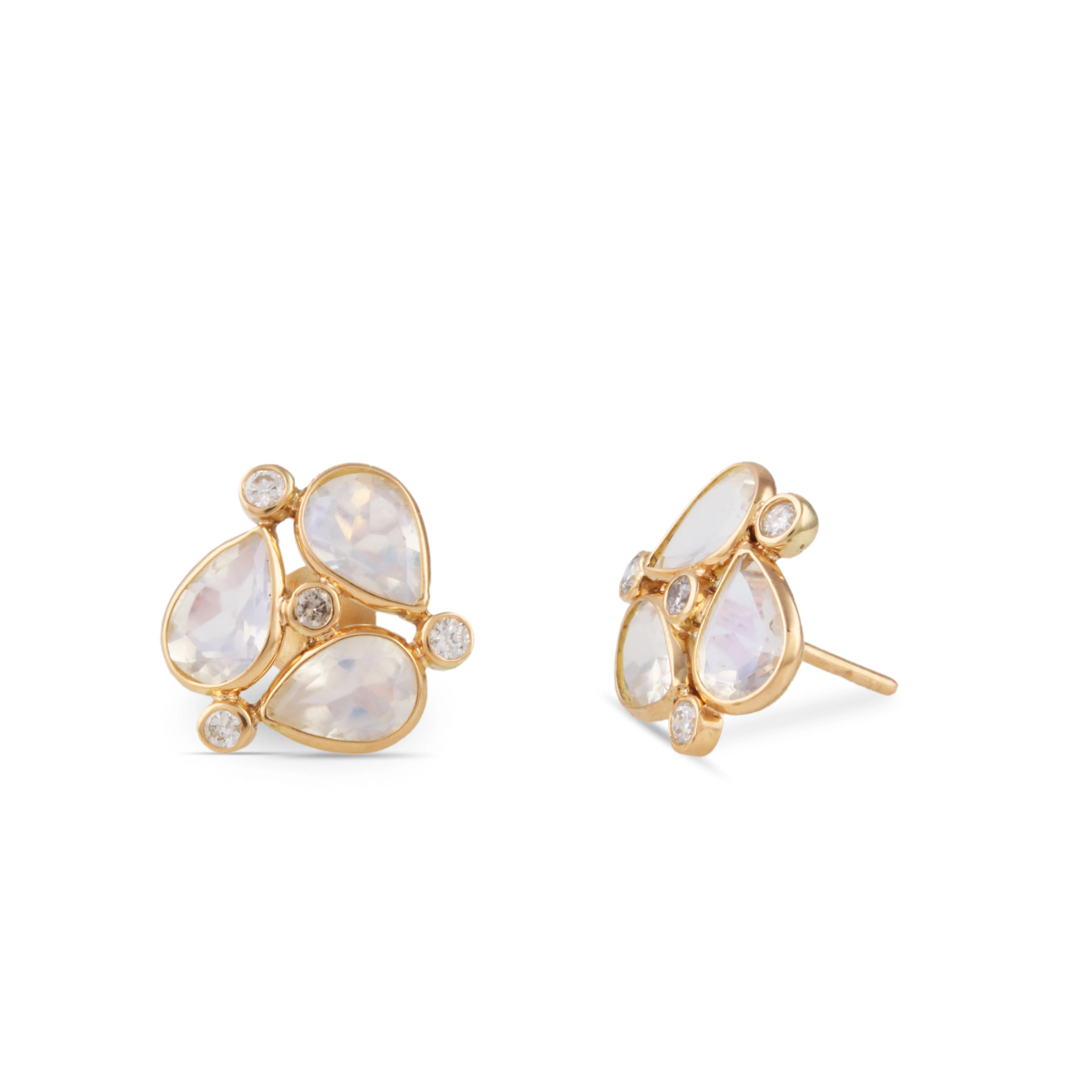 Rainbow Moonstone Pear Shape & Diamond Earring In 18K Yellow Gold