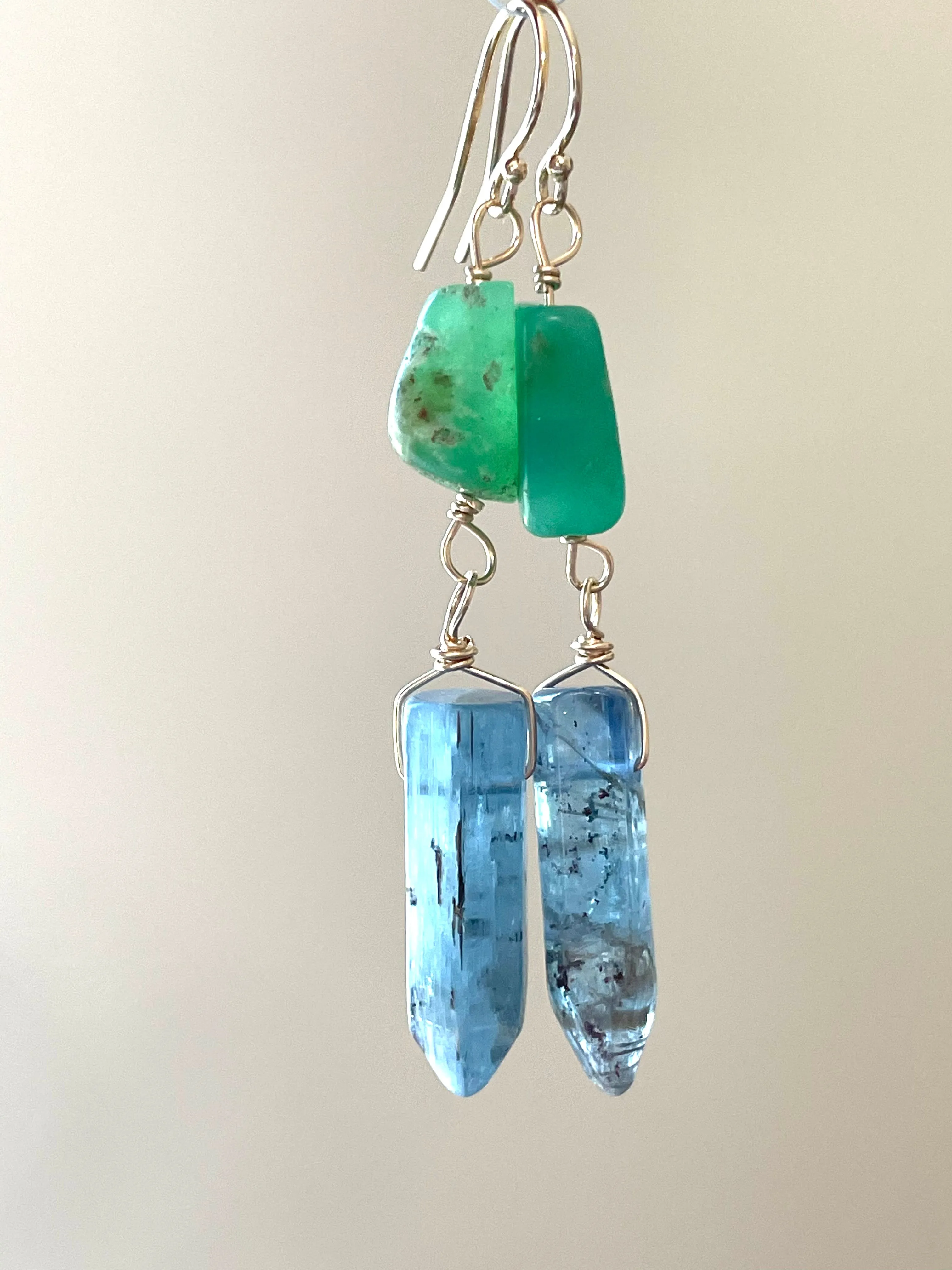 Raw Crystal Earrings - Blue Kyanite Points and Chrysoprase Gold Filled