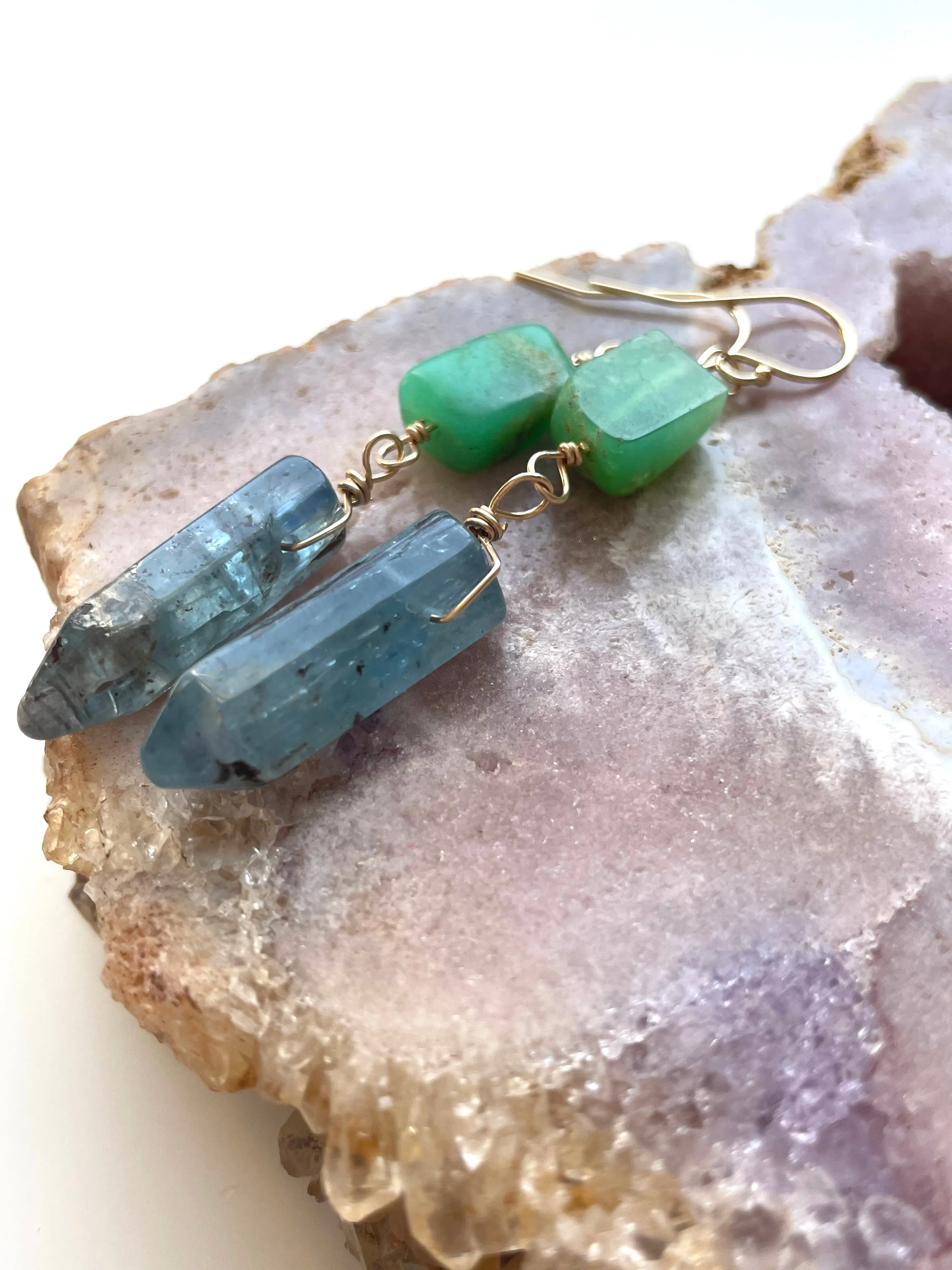 Raw Crystal Earrings - Blue Kyanite Points and Chrysoprase Gold Filled