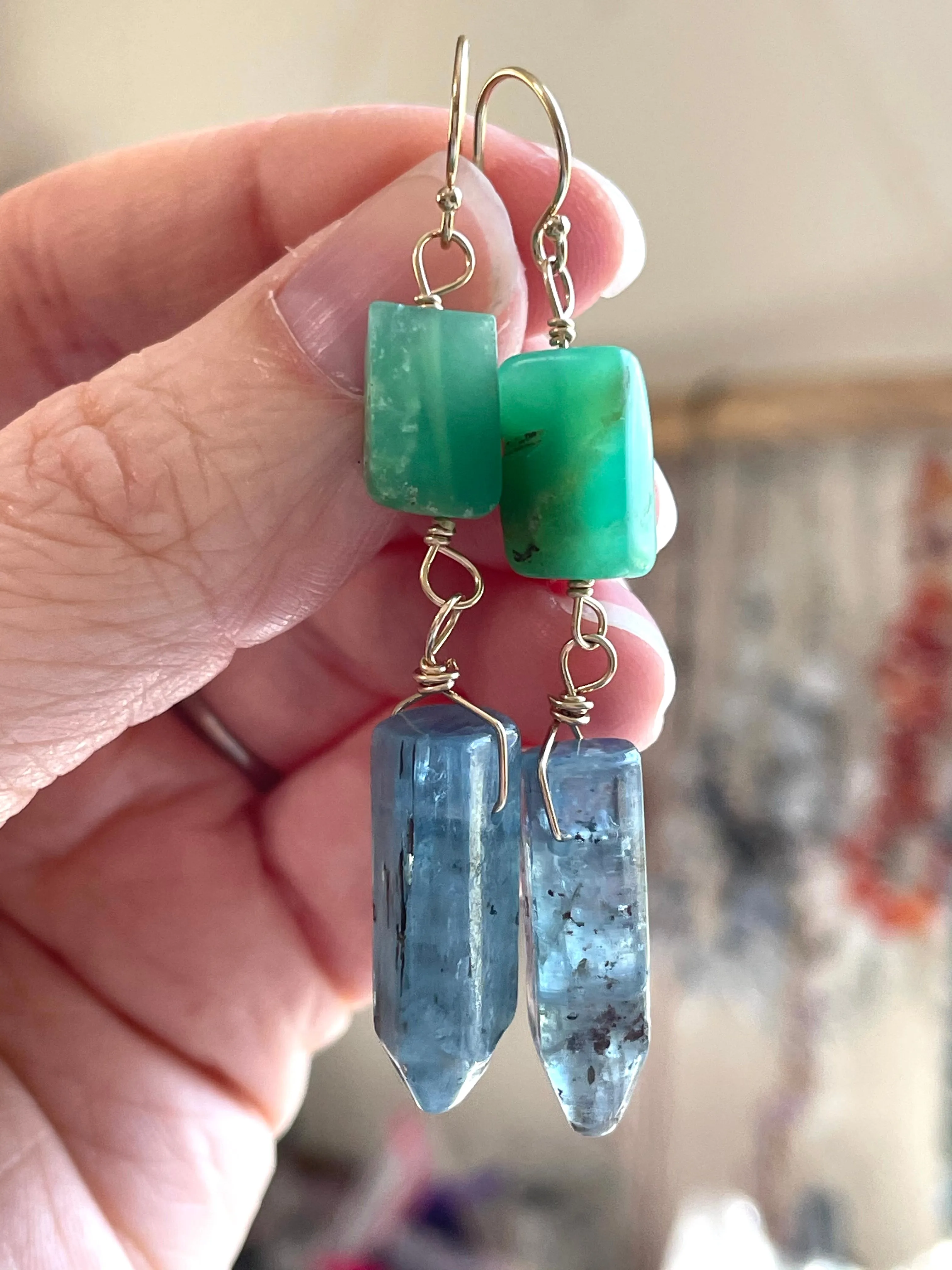 Raw Crystal Earrings - Blue Kyanite Points and Chrysoprase Gold Filled