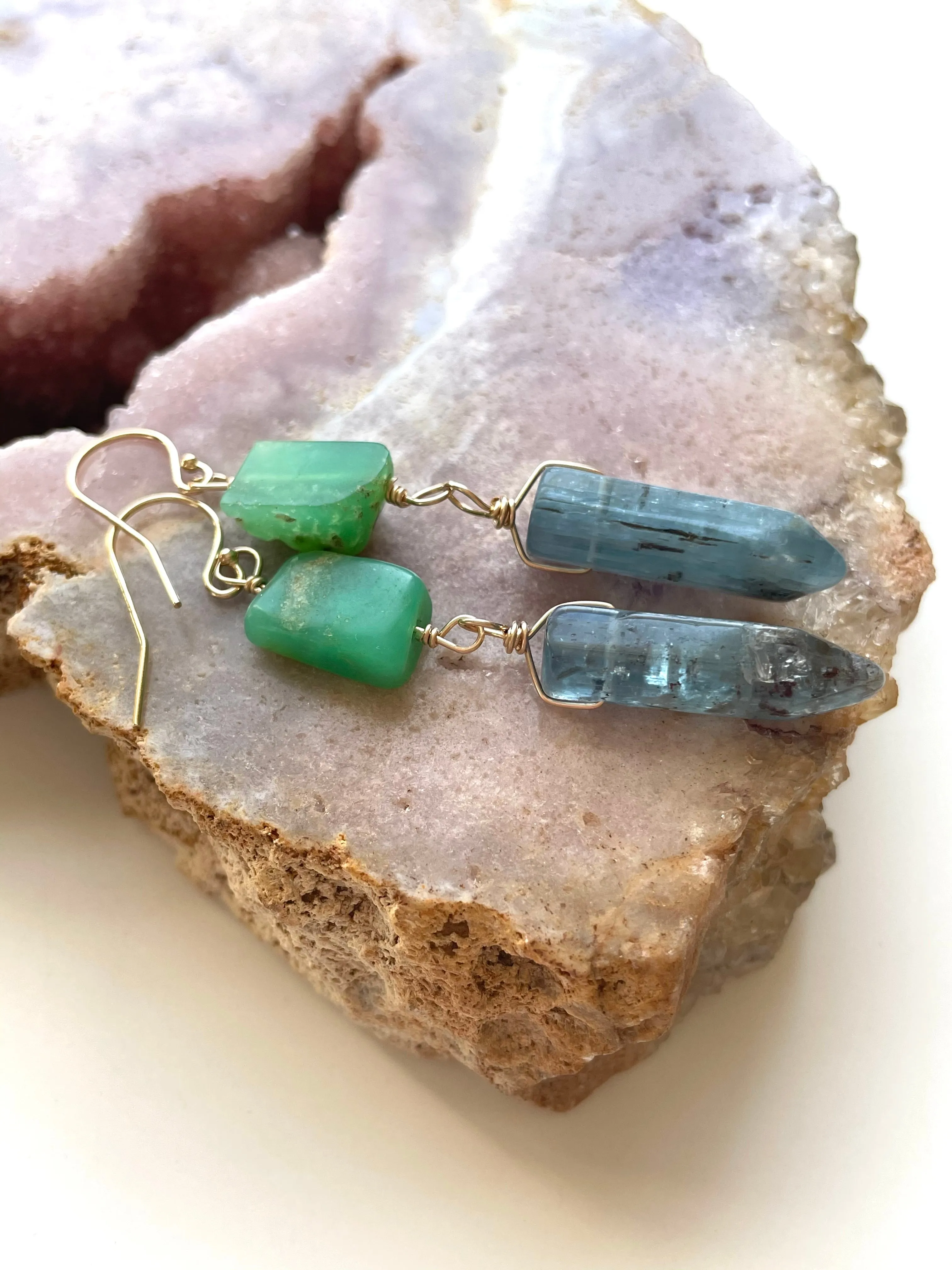 Raw Crystal Earrings - Blue Kyanite Points and Chrysoprase Gold Filled