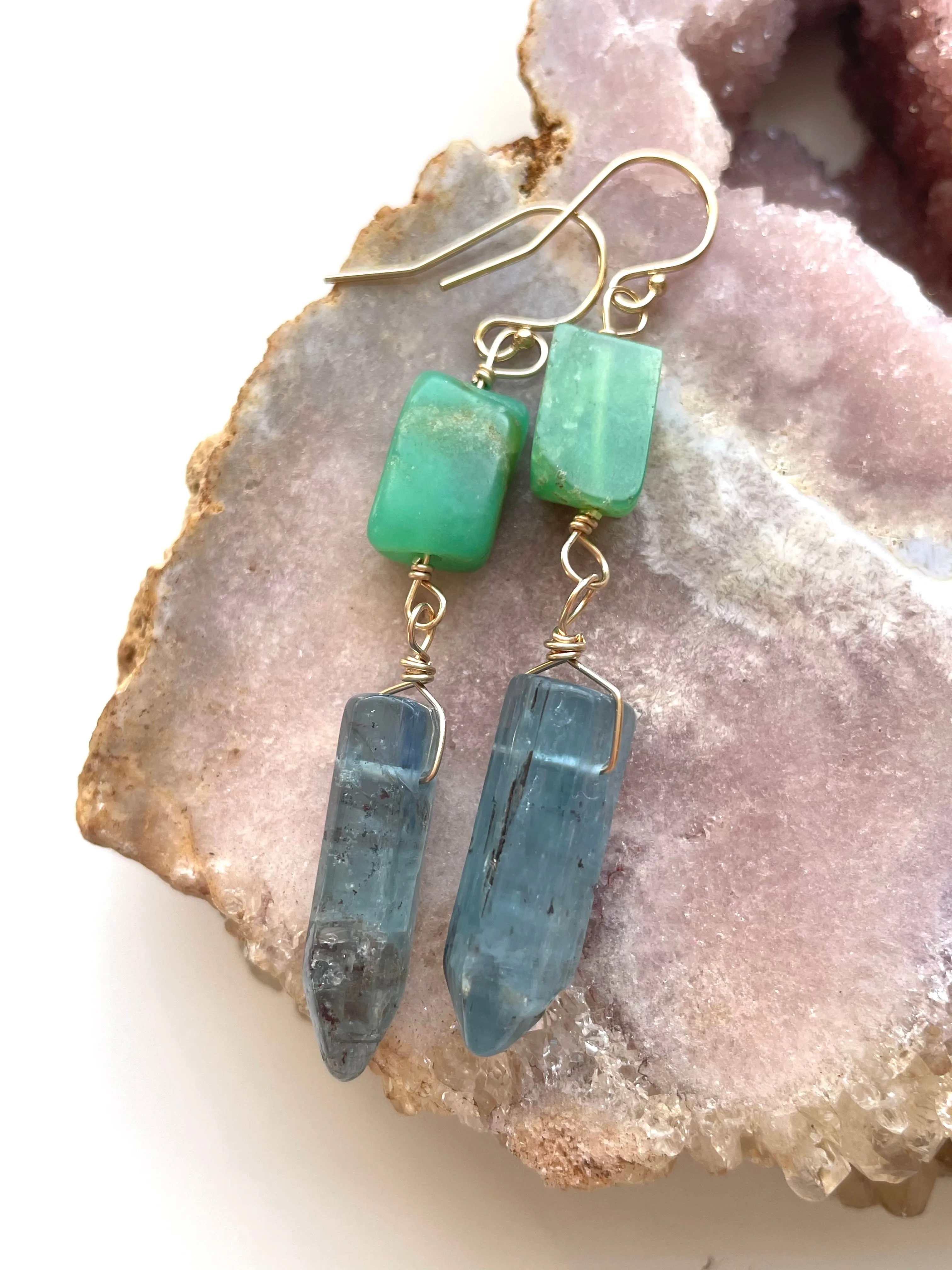 Raw Crystal Earrings - Blue Kyanite Points and Chrysoprase Gold Filled