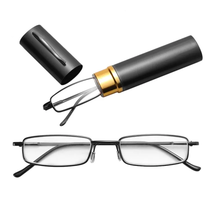 Reading Glasses Metal Spring Foot Portable Presbyopic Glasses with Tube Case  3.00D(Black)