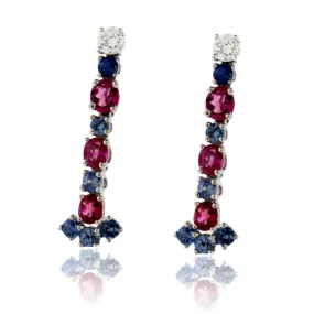 Red Emerald, Benitoite, & Diamond Platinum Dangle Earrings