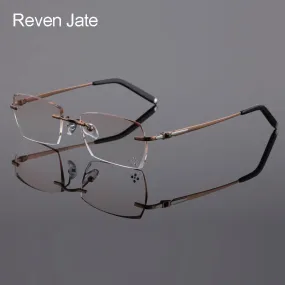 Reven Jate 611 Pure Titanium Rimless Diamond Cutting Glasses Frame Eyeglasses Men Brown