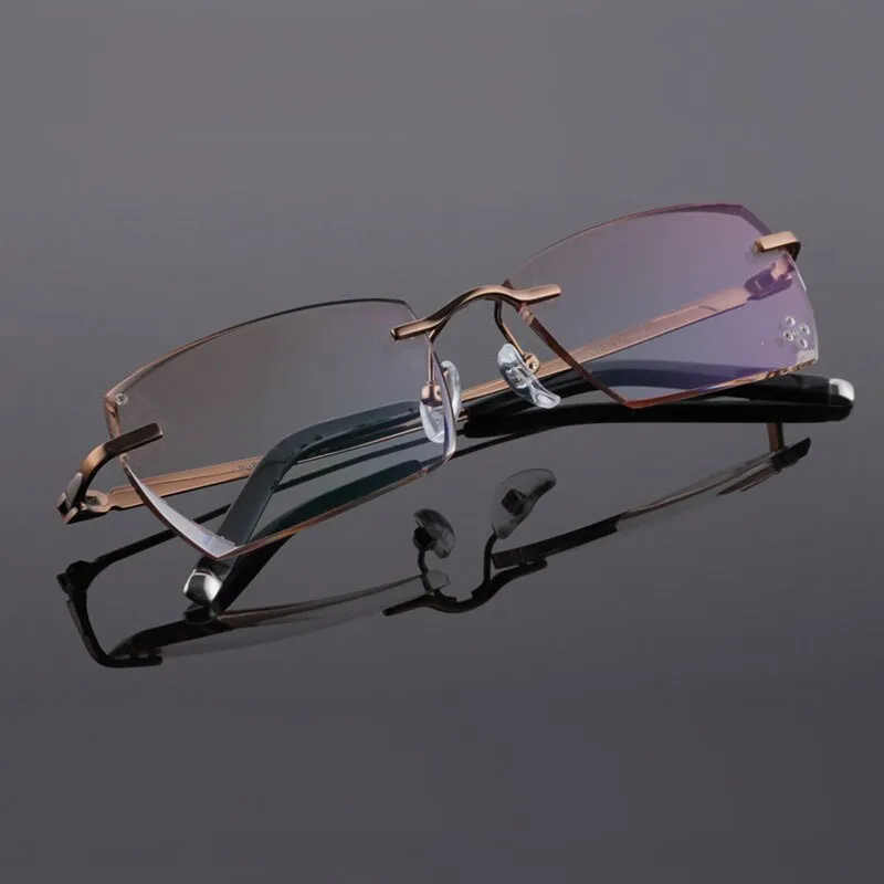 Reven Jate 611 Pure Titanium Rimless Diamond Cutting Glasses Frame Eyeglasses Men Brown