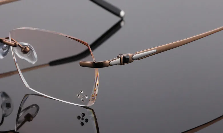 Reven Jate 611 Pure Titanium Rimless Diamond Cutting Glasses Frame Eyeglasses Men Brown