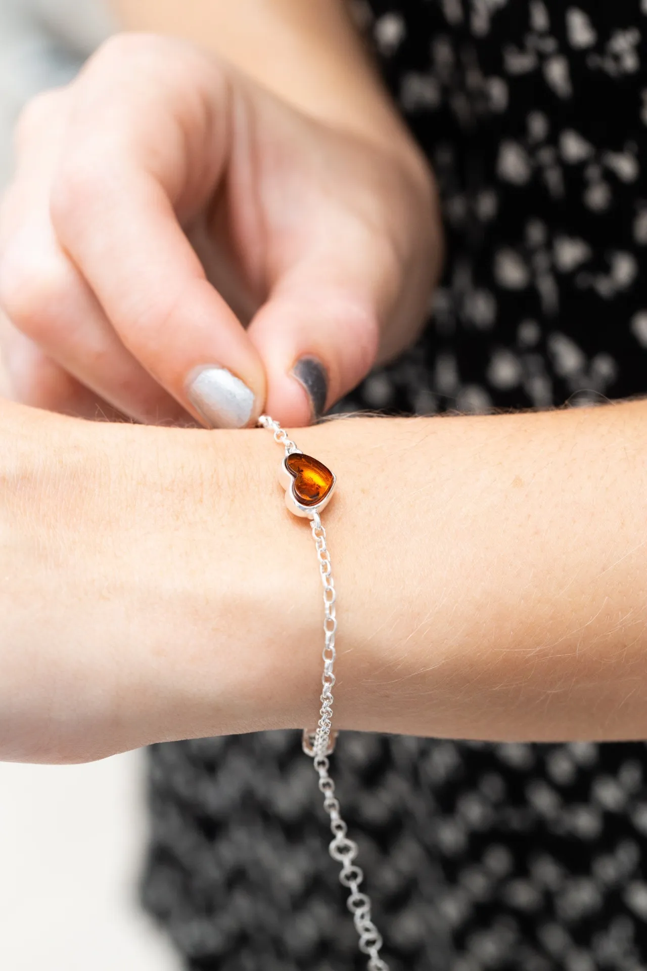 Reversible Dainty Amber Heart Bracelet - Elegant Minimalist Sterling Silver Jewelry