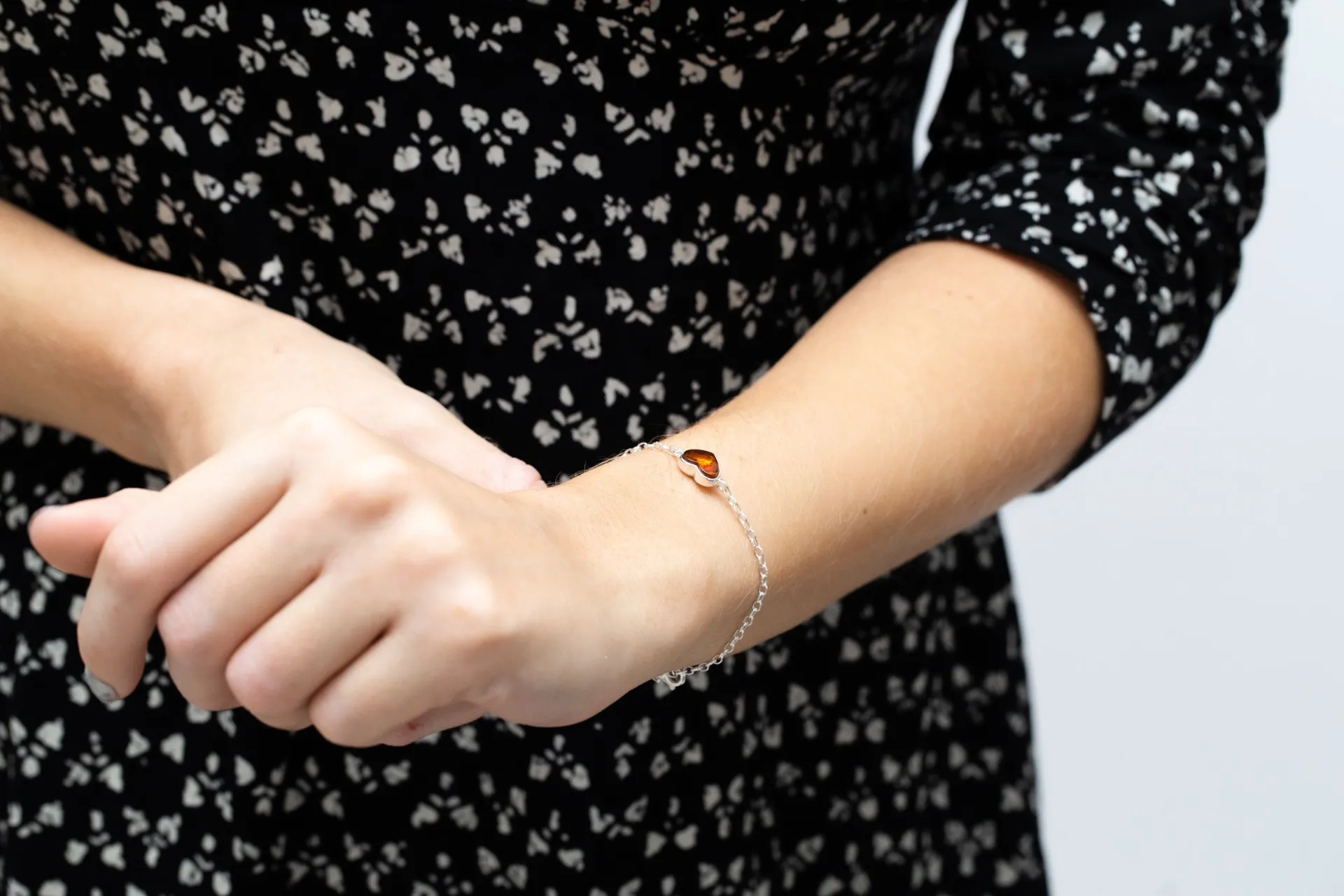 Reversible Dainty Amber Heart Bracelet - Elegant Minimalist Sterling Silver Jewelry