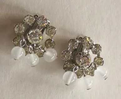 Rhinestone Clip Earrings w/ Opaque Bead Dangles circa 1950s by Weiss