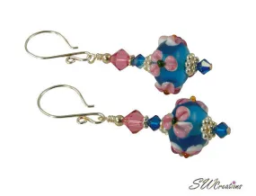 Rose Floral Blue Lampwork Bead Earrings