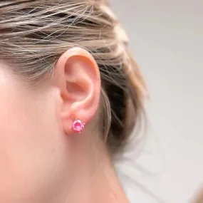 Round Iridescent Glass Crystal Stud Earrings - Pink