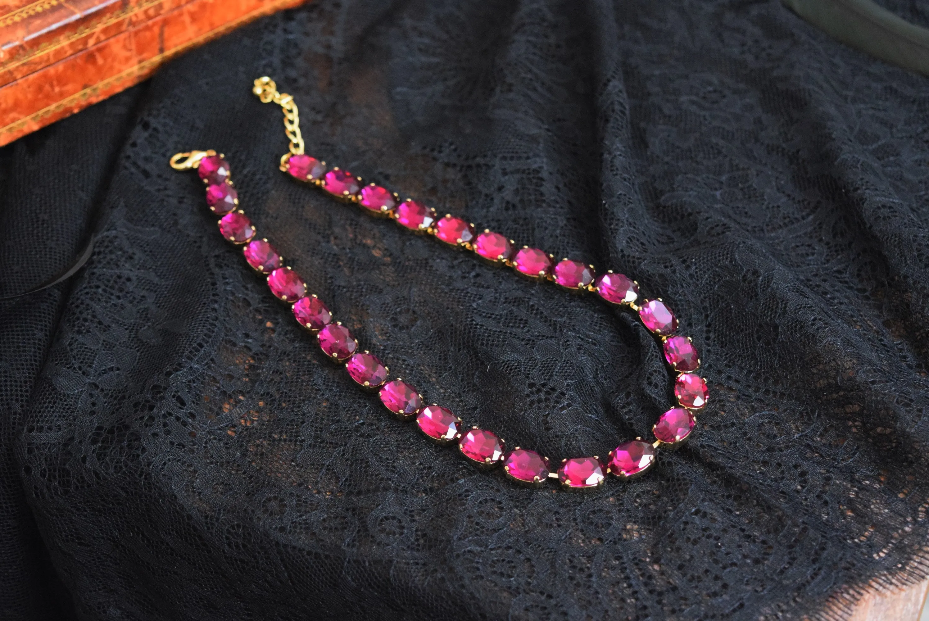 SALE! Fuchsia Pink Aurora Crystal Collet Necklace - Medium Oval