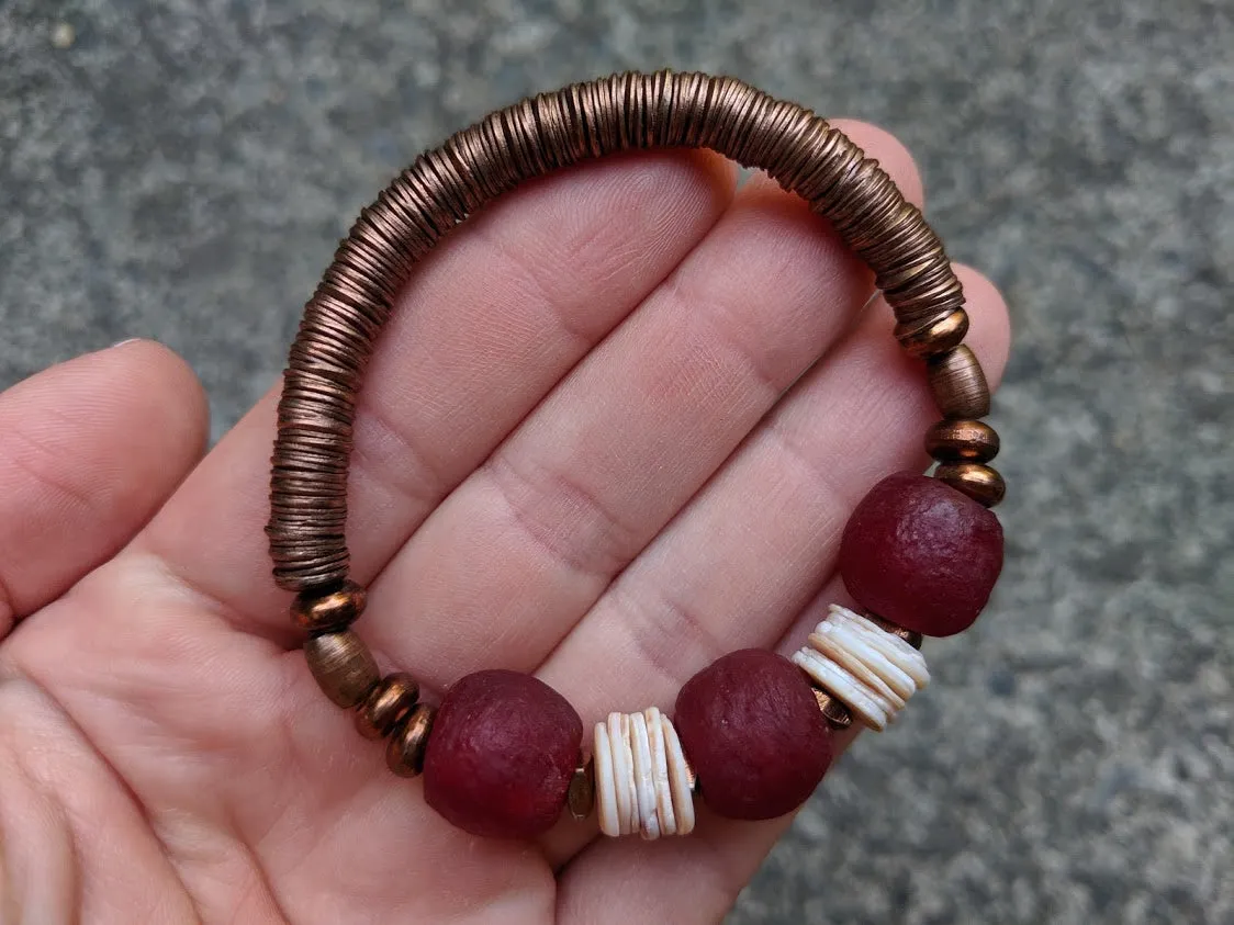 Sea Shell, Copper & Burgundy Sea Glass Elastic Bracelet