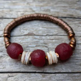 Sea Shell, Copper & Burgundy Sea Glass Elastic Bracelet