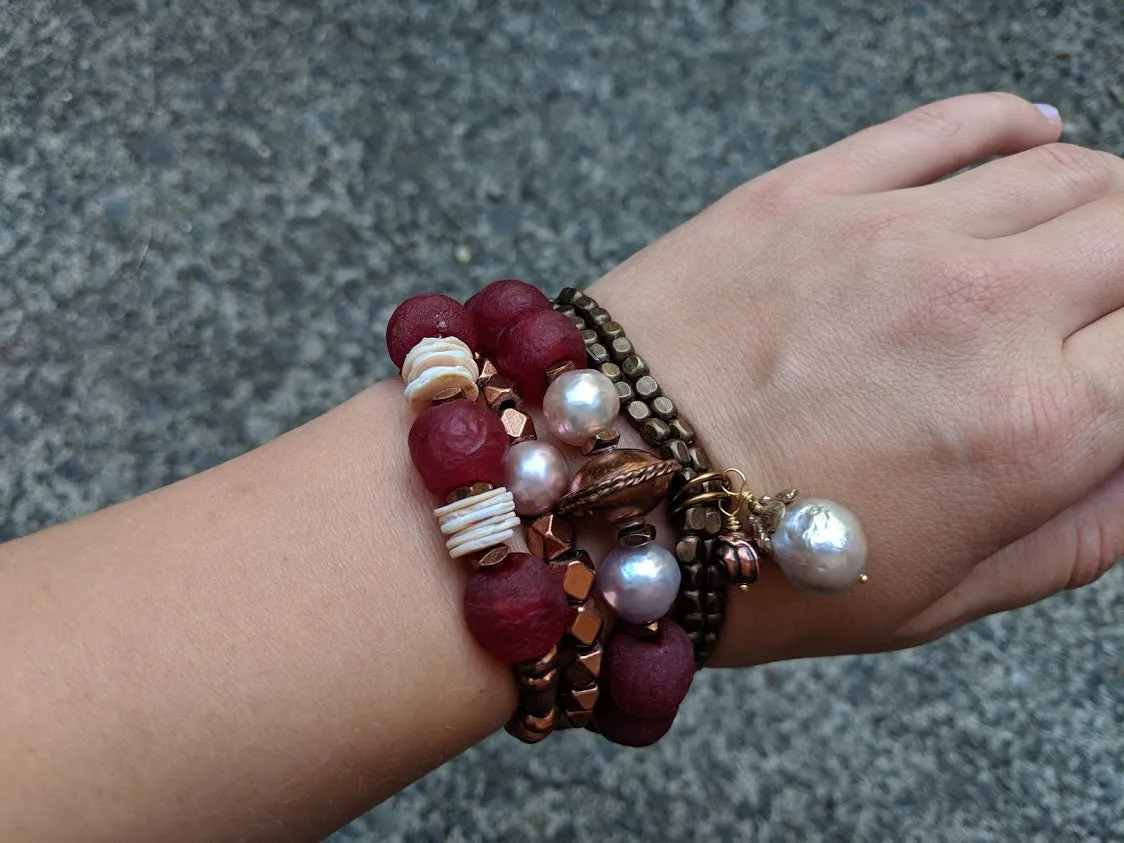 Sea Shell, Copper & Burgundy Sea Glass Elastic Bracelet