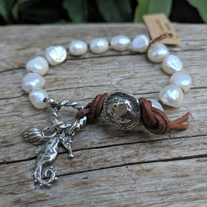 Seahorse Boho Baroque Pearl Leather Bracelet