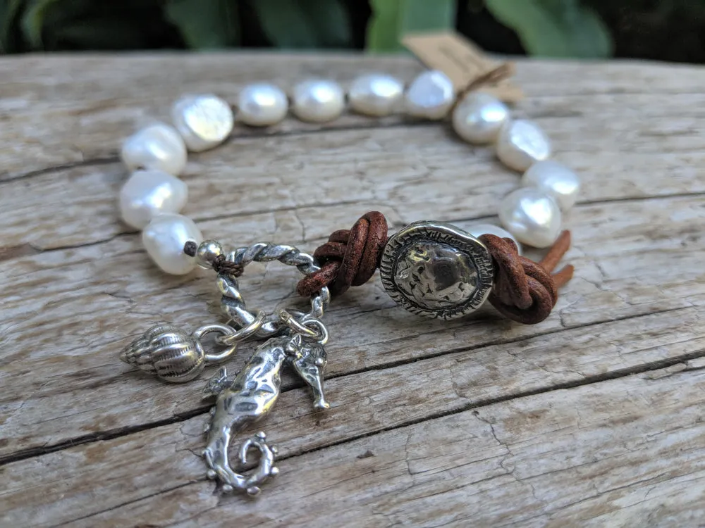 Seahorse Boho Baroque Pearl Leather Bracelet