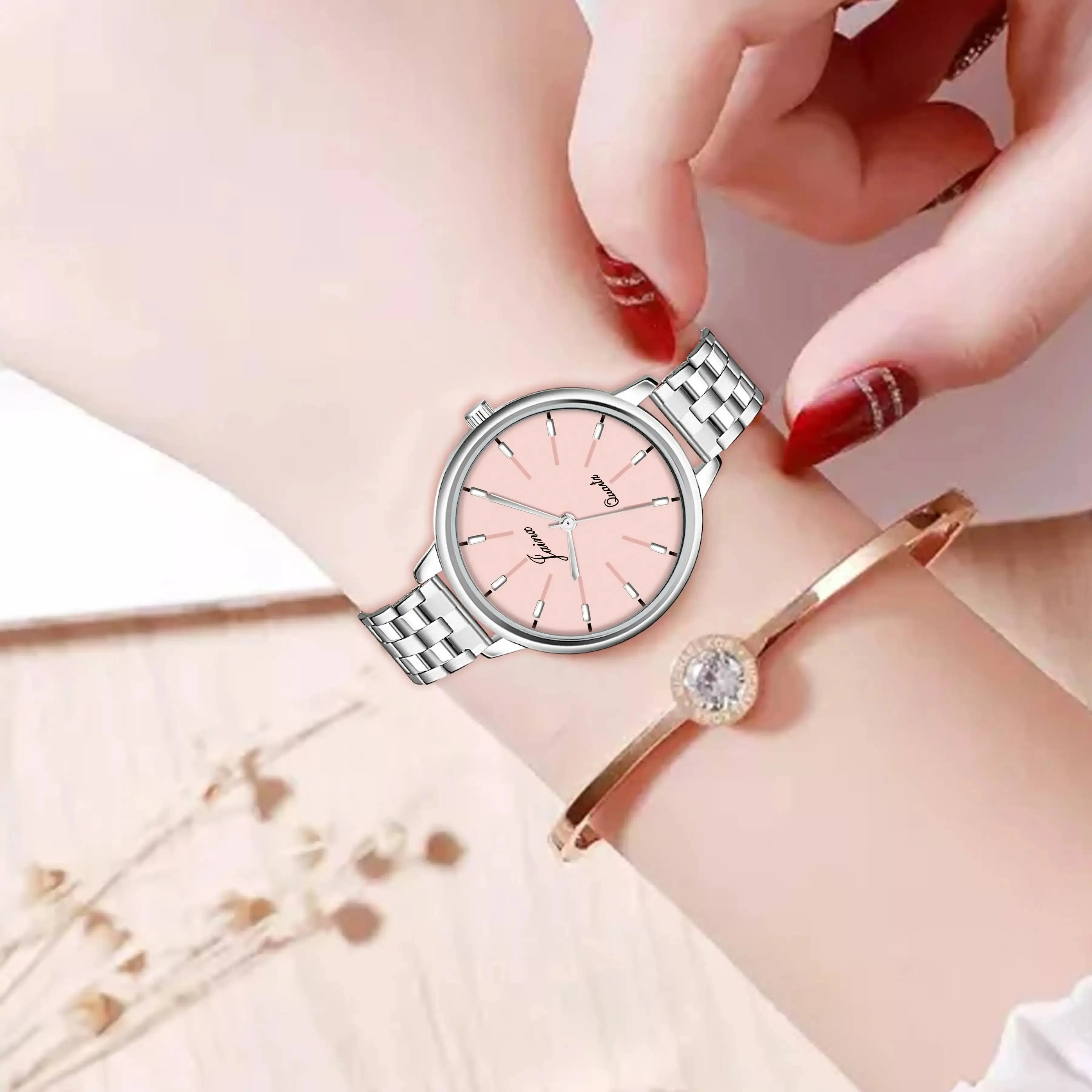 Silver Chain Pink Dial Analog Wrist Watch For Women - JW8574