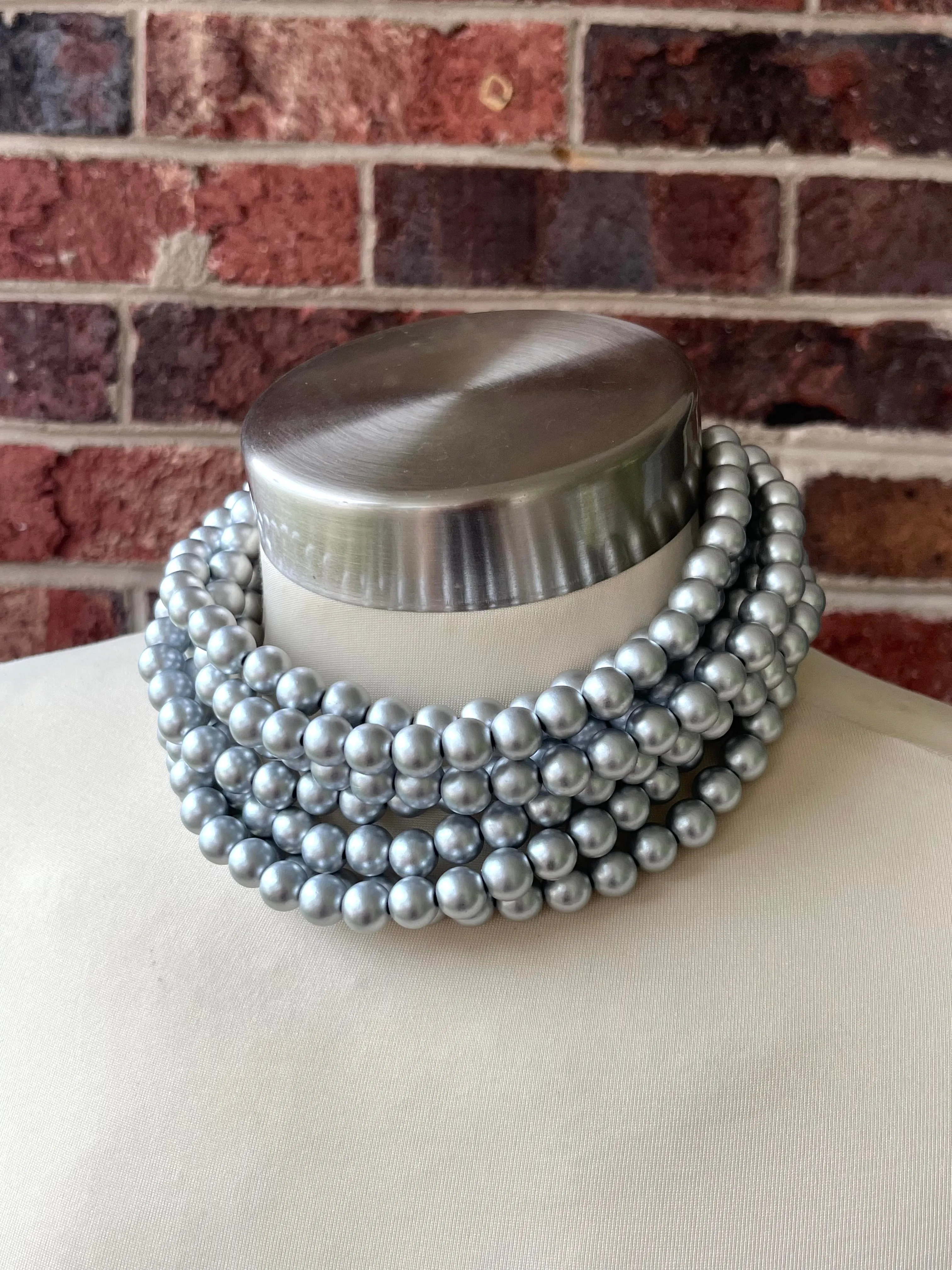 Silver Choker Matte Beaded Acrylic Chunky Multi Strand Statement Necklace - Alana