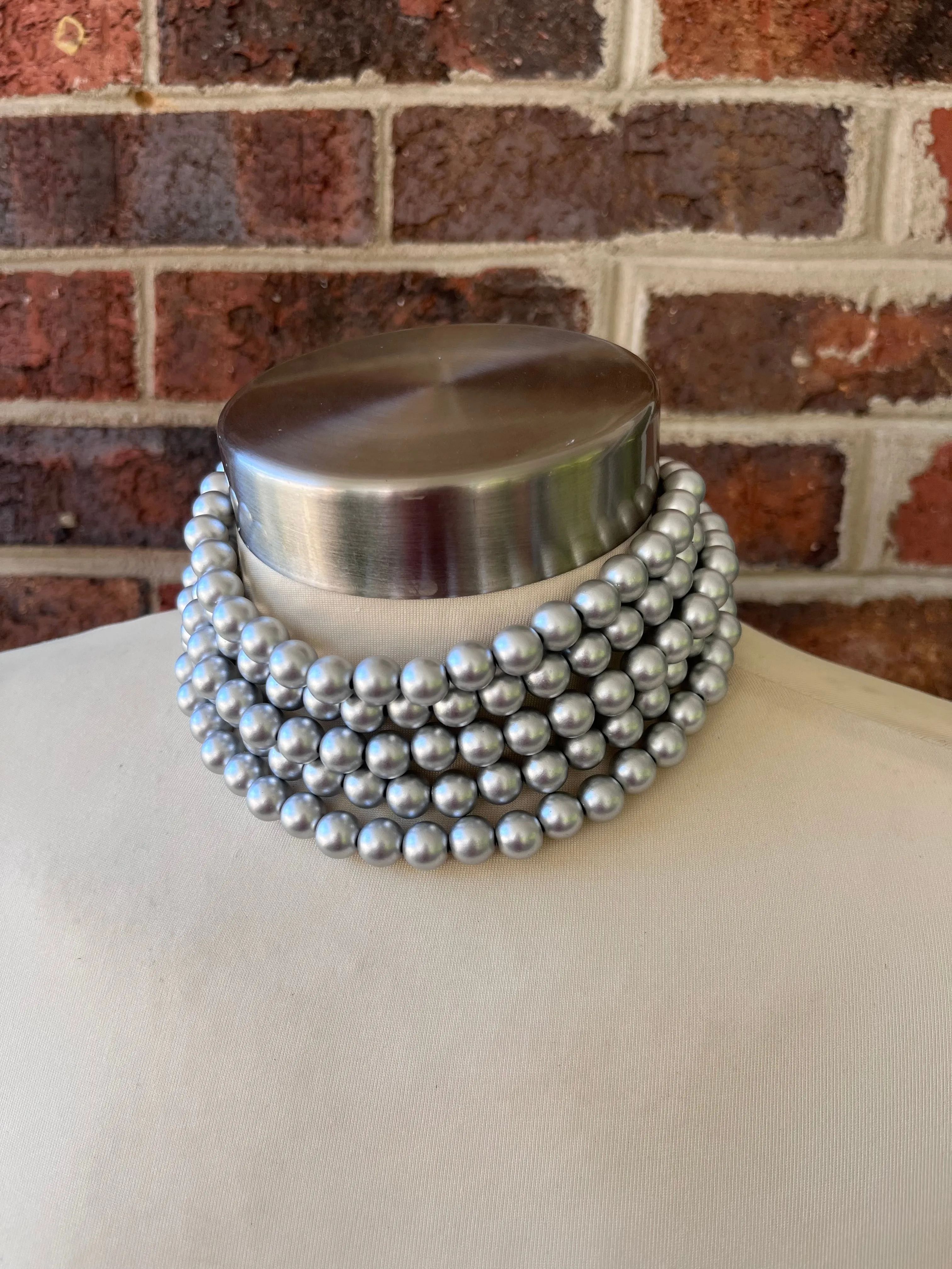 Silver Choker Matte Beaded Acrylic Chunky Multi Strand Statement Necklace - Alana