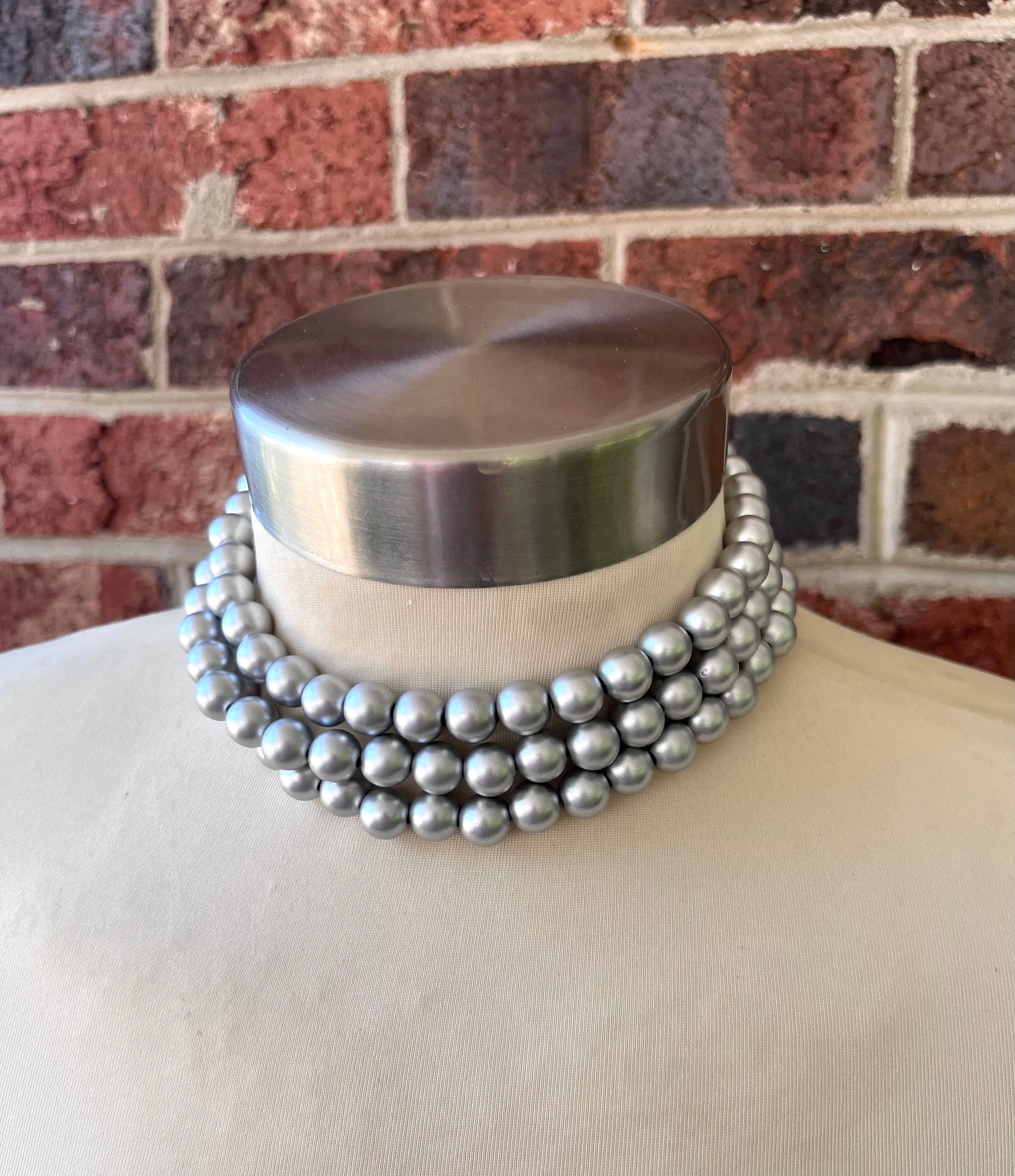 Silver Choker Matte Beaded Acrylic Chunky Multi Strand Statement Necklace - Alana