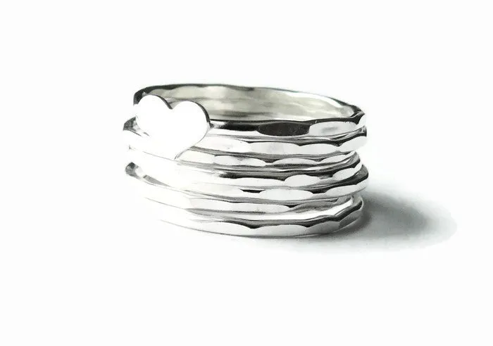 Silver heart ring • Sterling silver stacking rings • Hammered