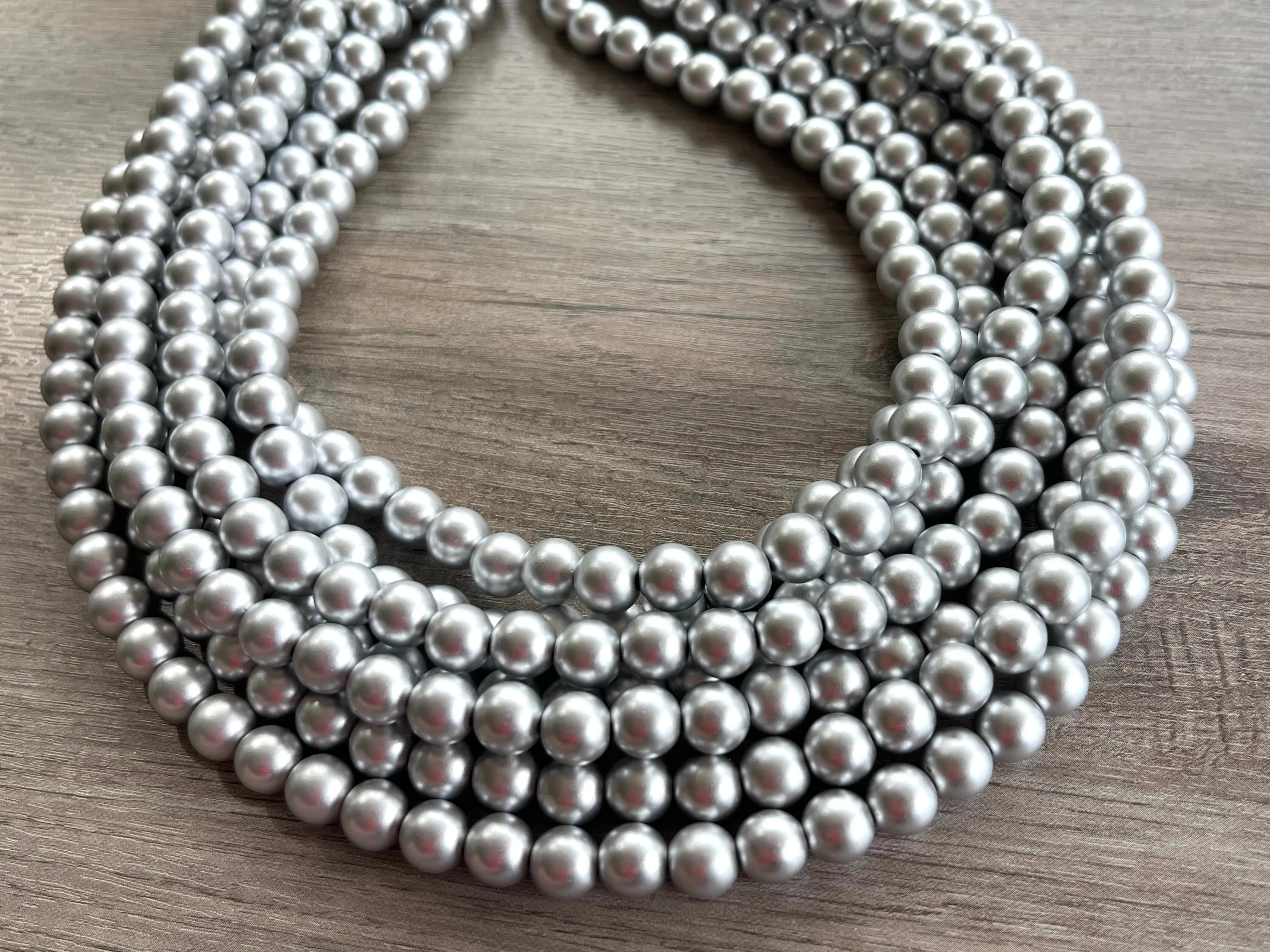 Silver Matte Beaded Acrylic Chunky Multi Strand Statement Necklace - Alana